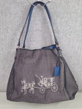 Coach Edie 31 Black & Blue Needlepoint Canvas Horse & Carriage Shoulder Bag EUC